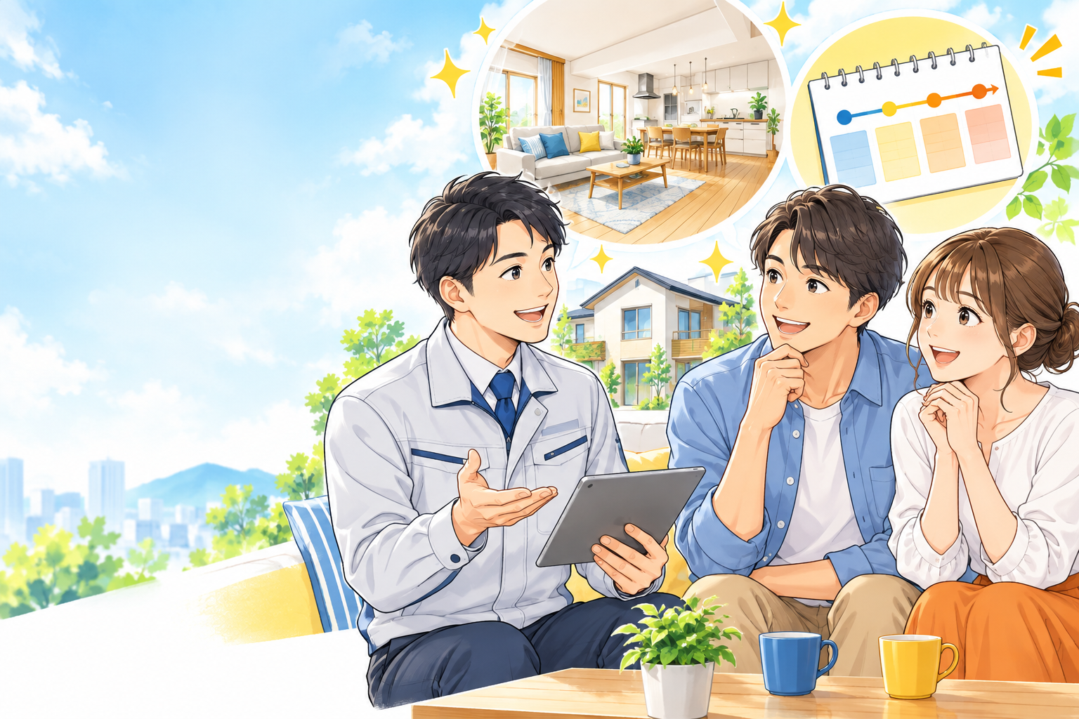 リフォームと支払い計画について相談するご夫婦と恒栄建設のスタッフのイラスト