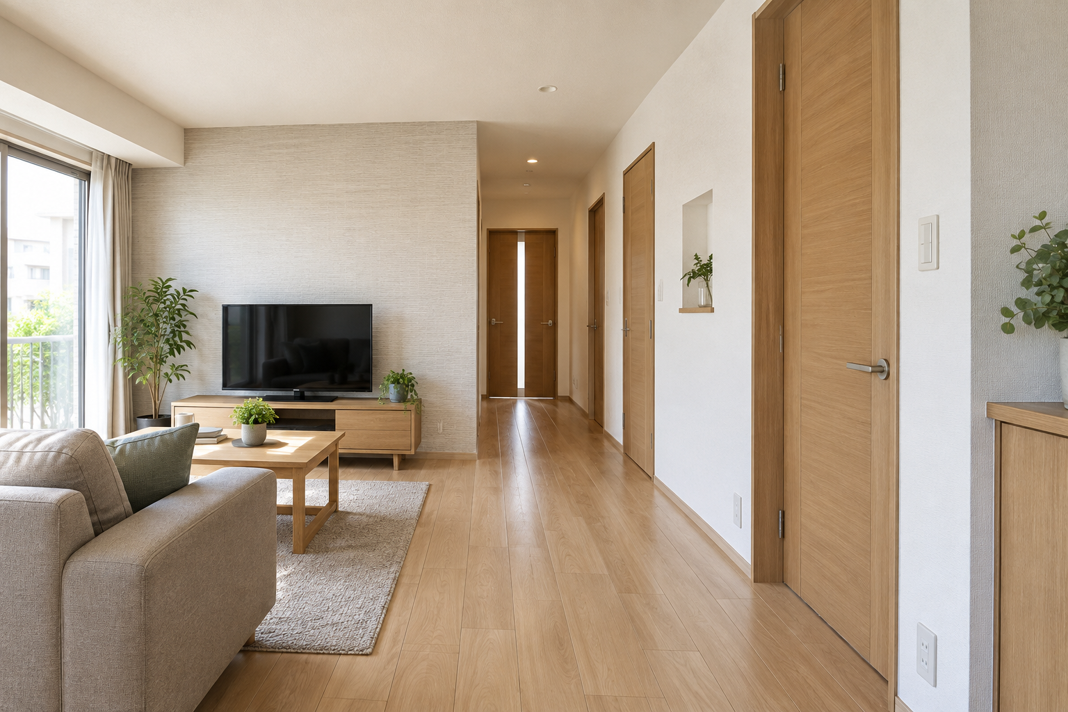 床・壁・建具を整えた明るい室内