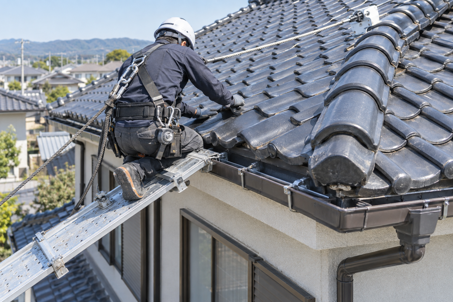 住宅の屋根と雨樋の点検・補修作業
