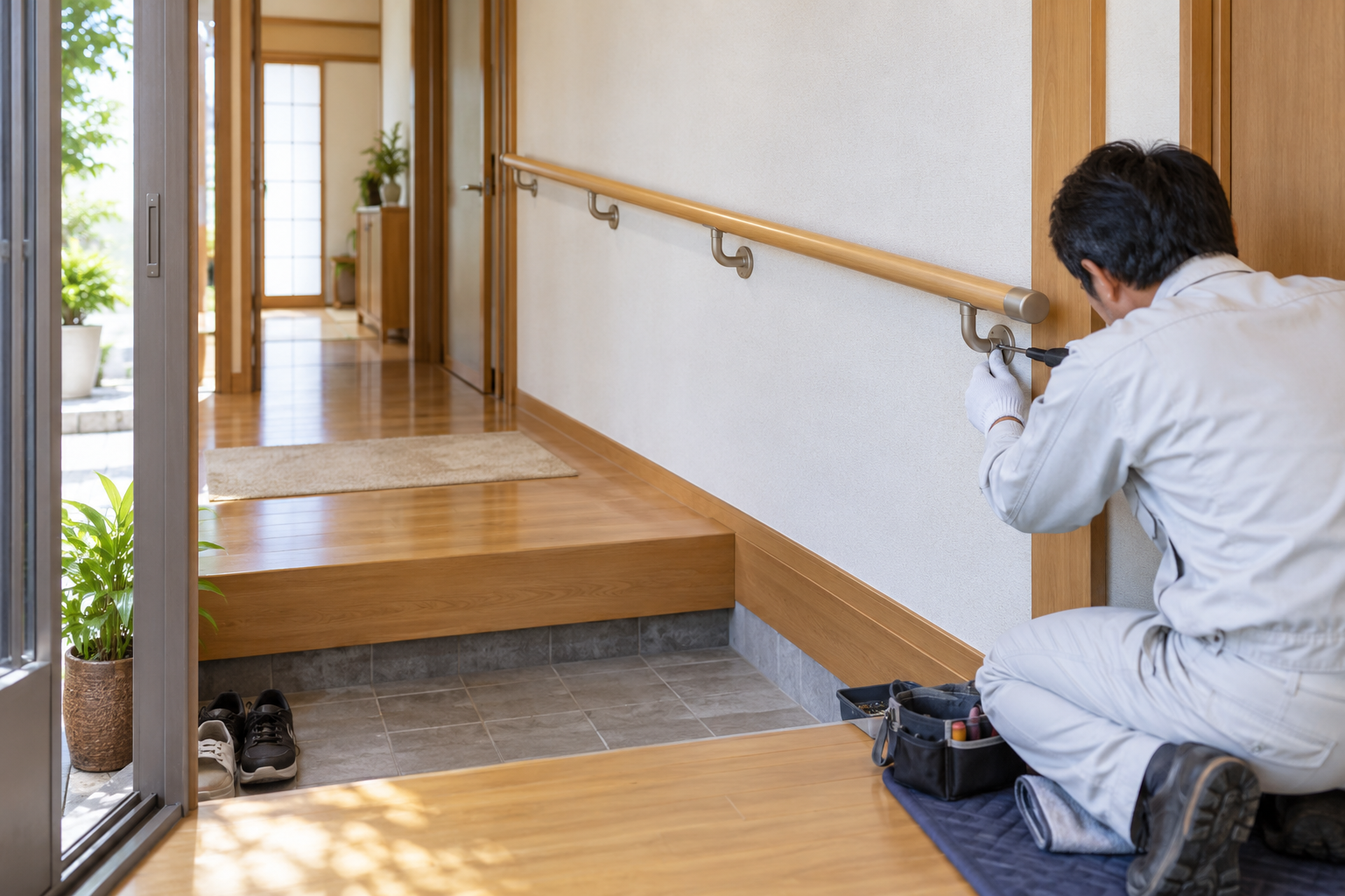 玄関まわりの手すり取付作業