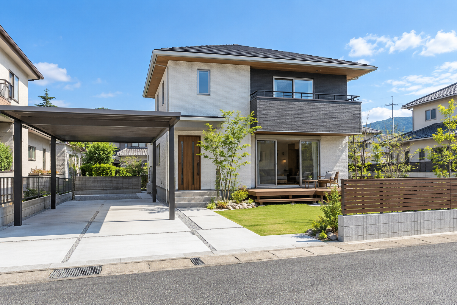 明るい戸建て住宅と整えられた外構